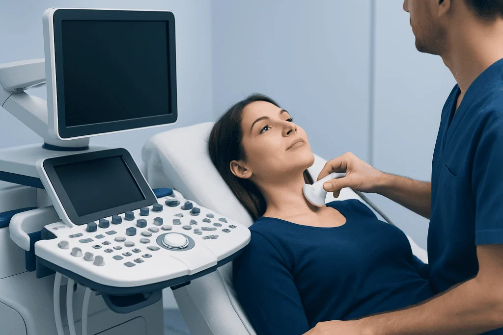 Thyroid ultrasound examination in progress at Acibadem Hospital.