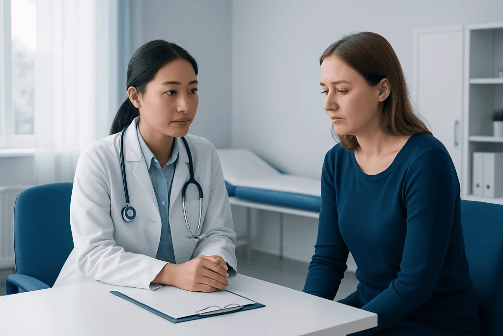 Doctor consulting with a patient about ovarian tumor diagnosis in a clinical setting.