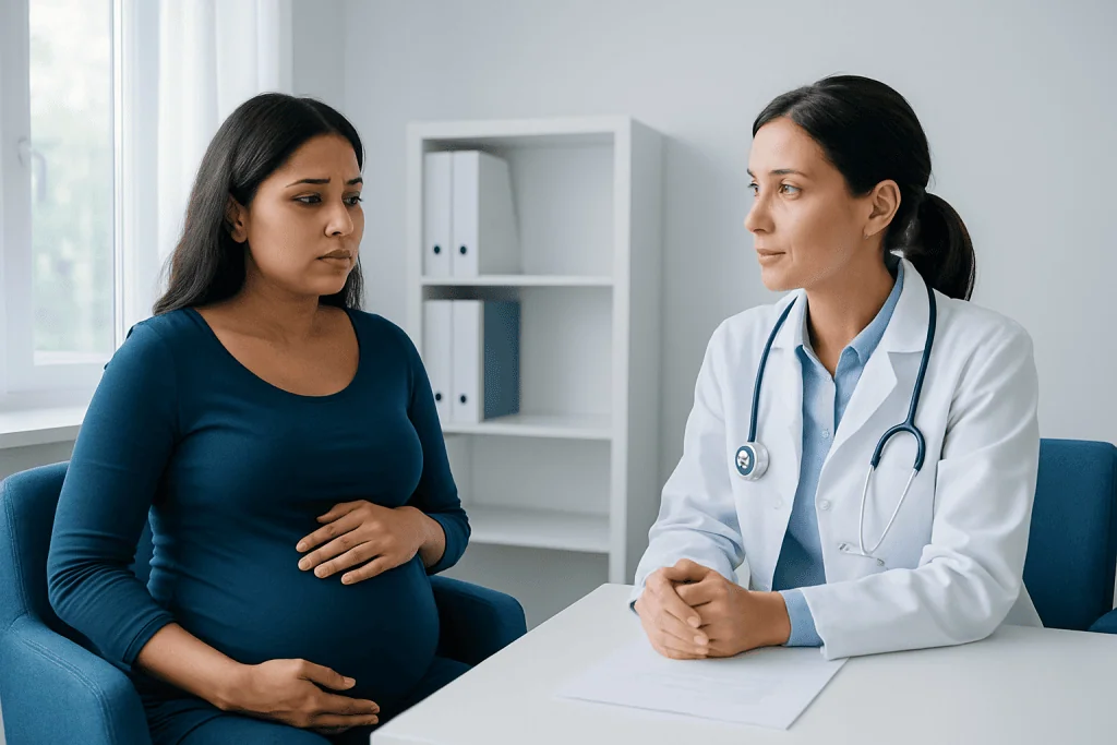 Pregnant woman consulting with a doctor about blood health in a hospital setting.