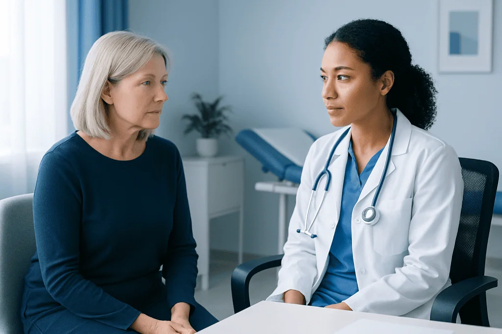 Doctor consulting with a middle-aged woman in a medical office.