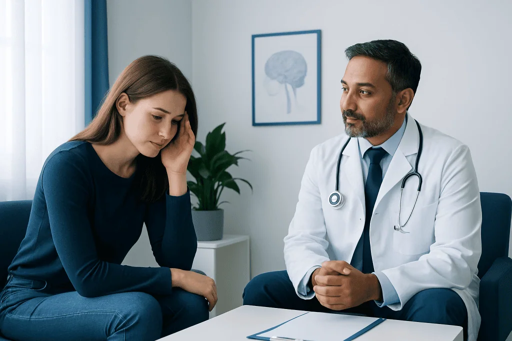 Psychiatrist consulting with a young woman in a medical office.