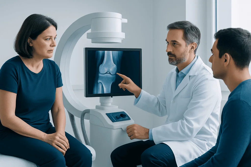 Orthopedic doctor explaining knee X-ray to patient in clinic.