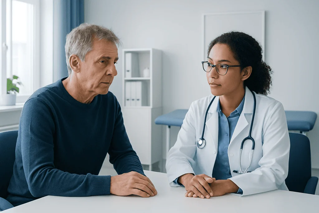 Doctor discussing symptoms with an elderly patient in a medical office.
