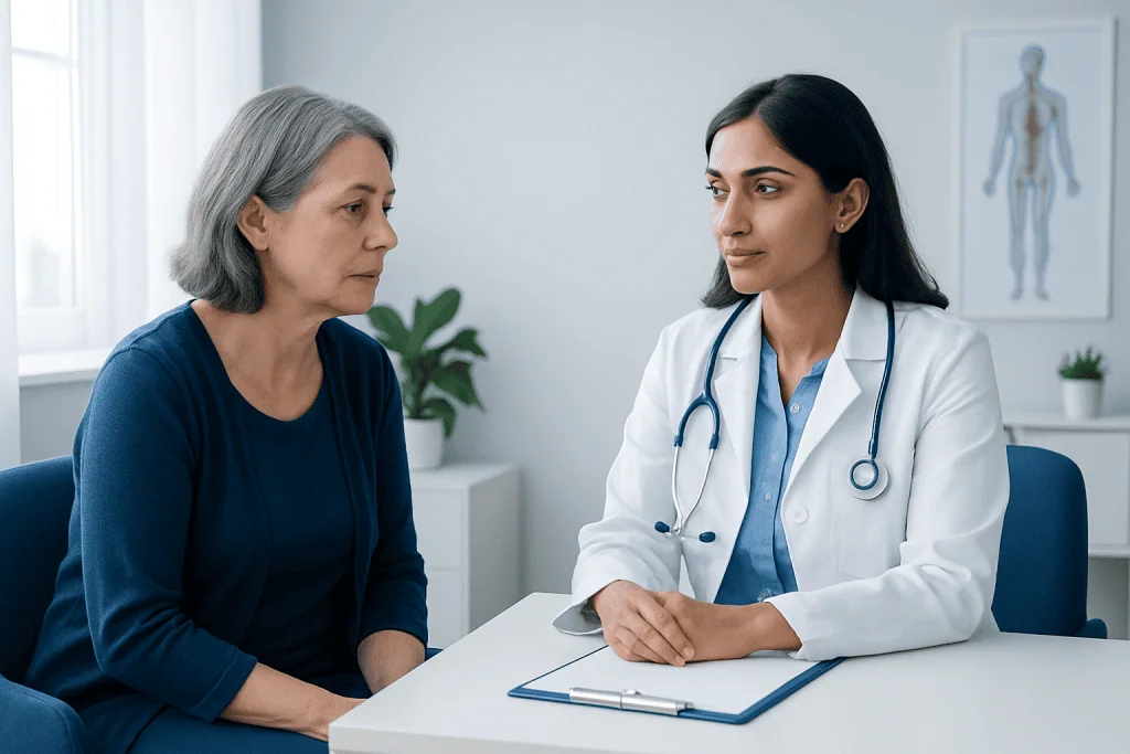 Doctor consulting with an elderly female patient in a medical office.