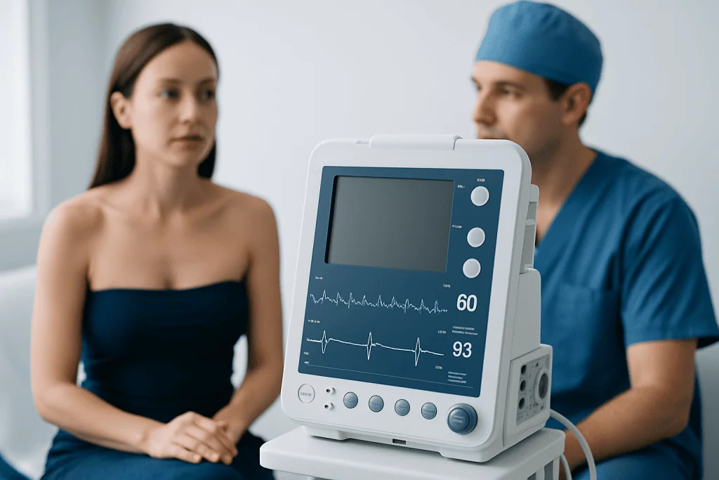 Medical professional monitors patient with heart rate device in clinic.