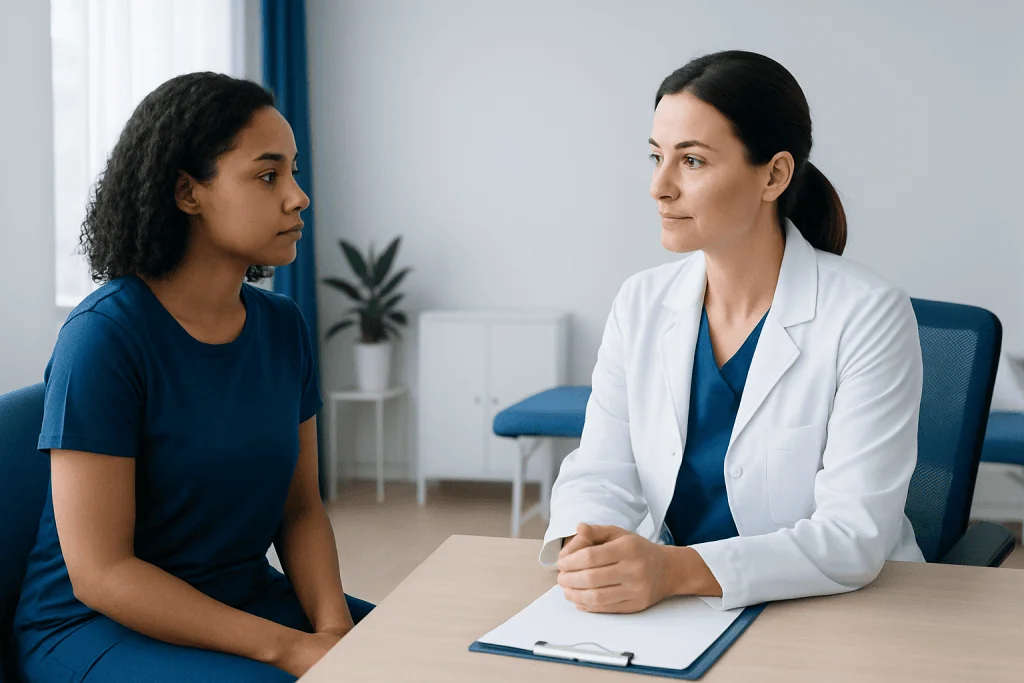 Doctor consulting with a patient in a medical office setting.