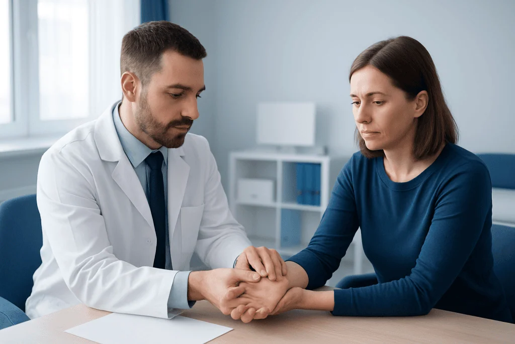 Doctor examining patient's wrist in a medical consultation room.