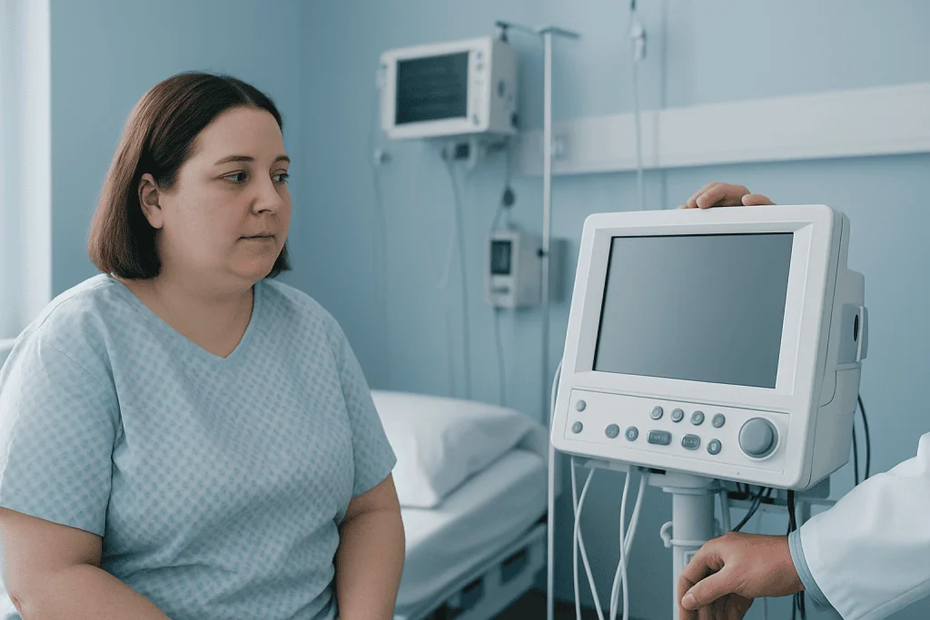 Patient in hospital gown during medical consultation with monitor in background.