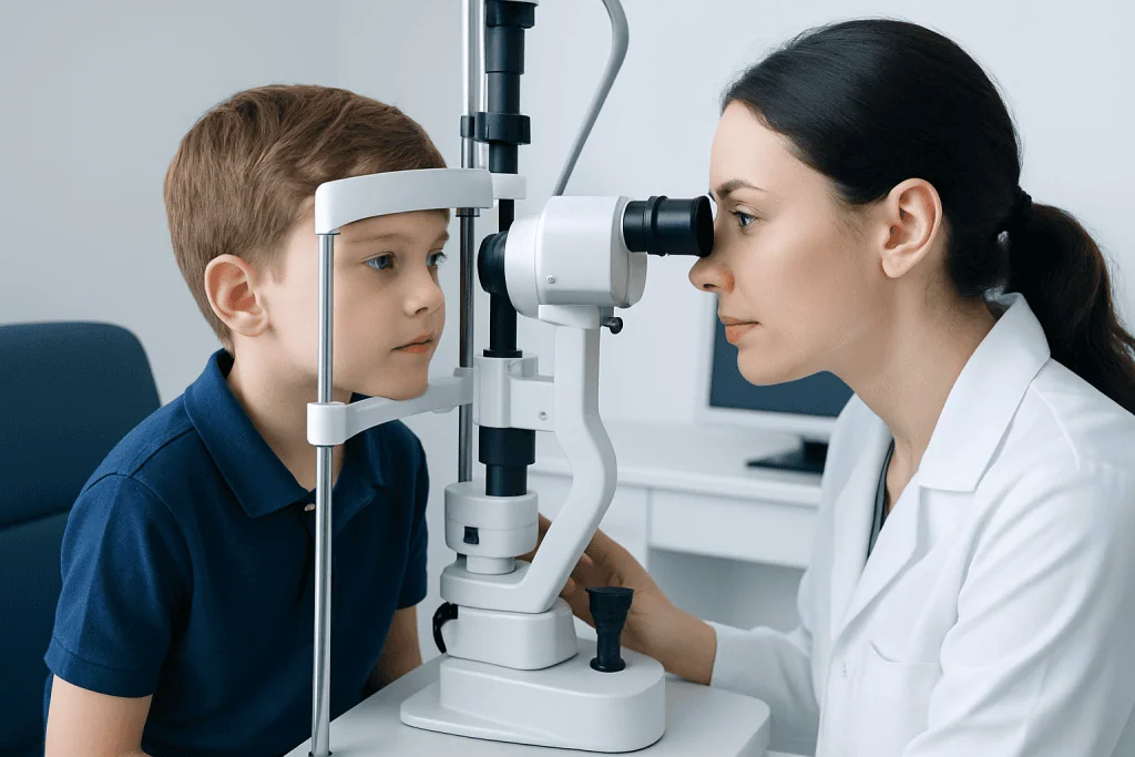 Pediatric eye exam using slit lamp at Acibadem Hospital.