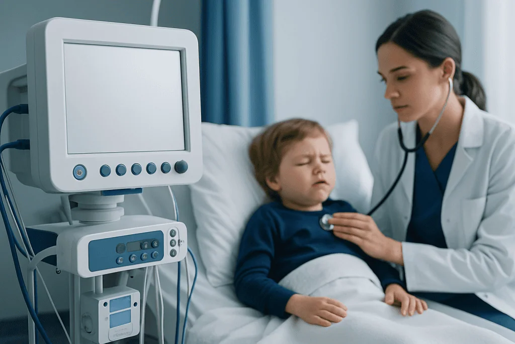 Pediatric doctor examining a child with a stethoscope in hospital.