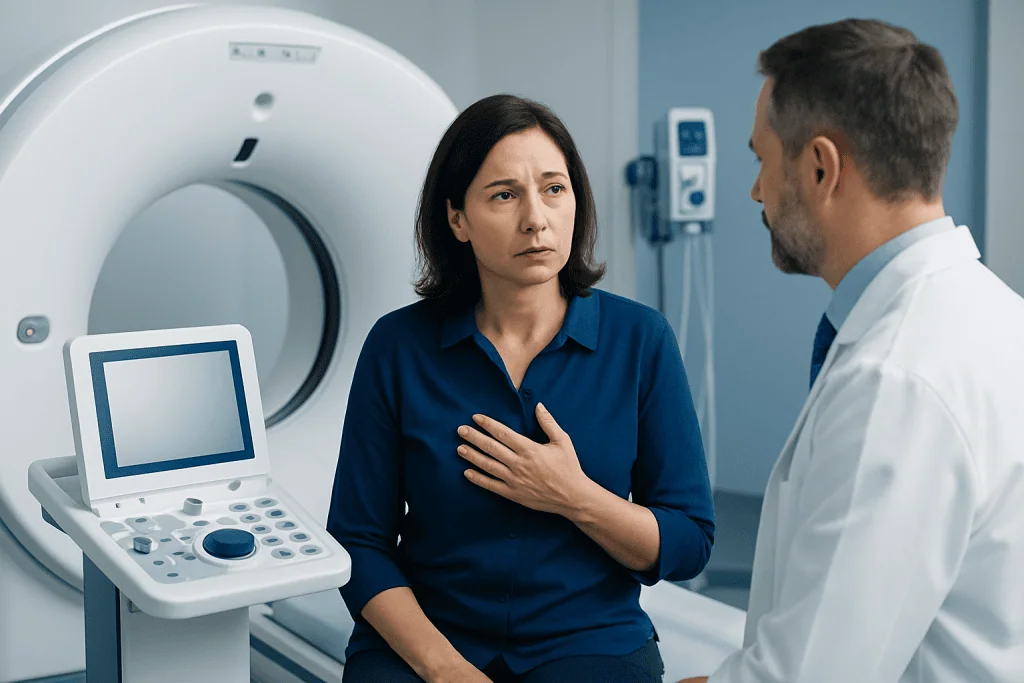 Doctor explaining diagnosis to a woman in a medical imaging room.
