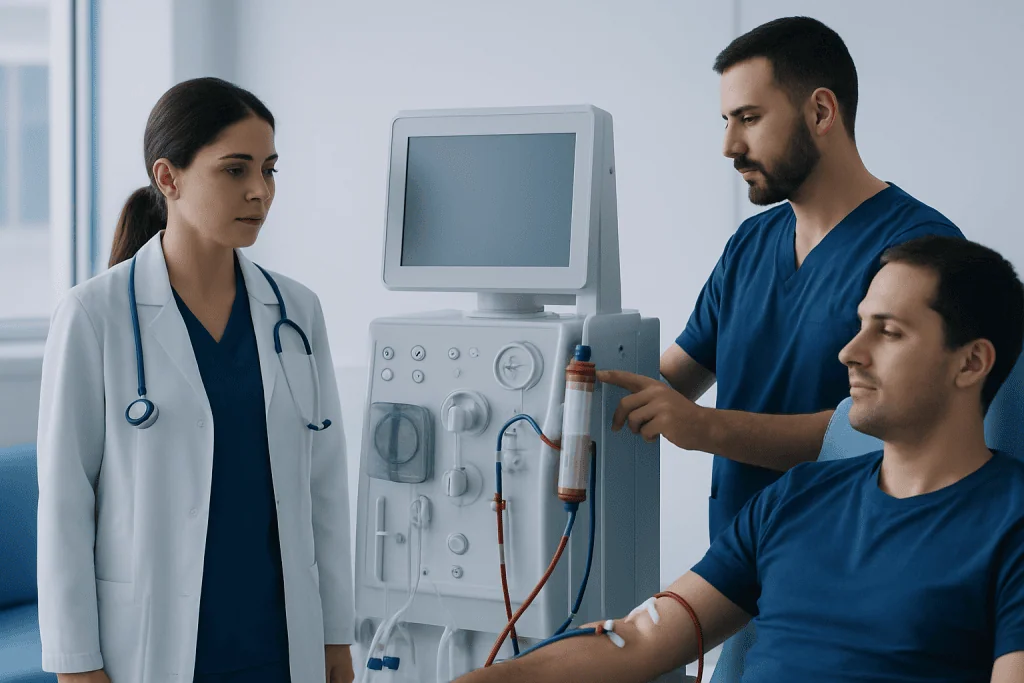 Medical team monitoring patient with dialysis machine at Acibadem Hospital.