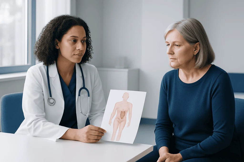 Doctor explaining tumor diagram to patient in consultation room.