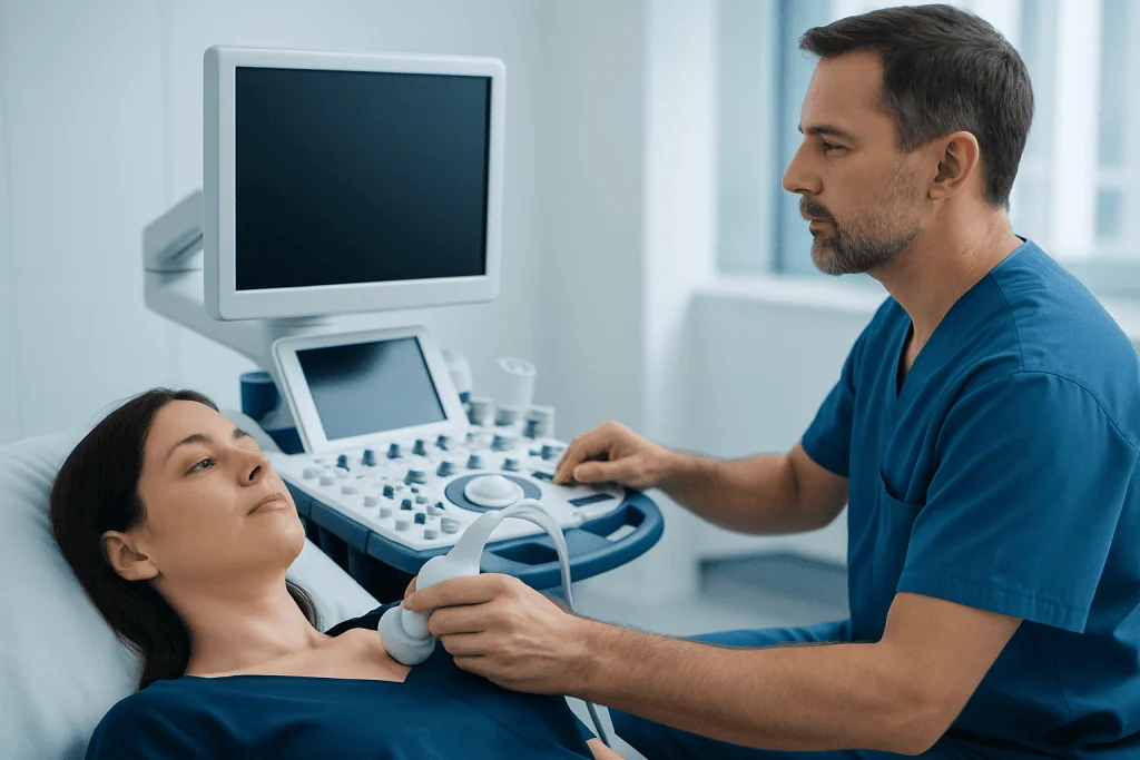 Doctor performing an ultrasound on a patient in a hospital room.