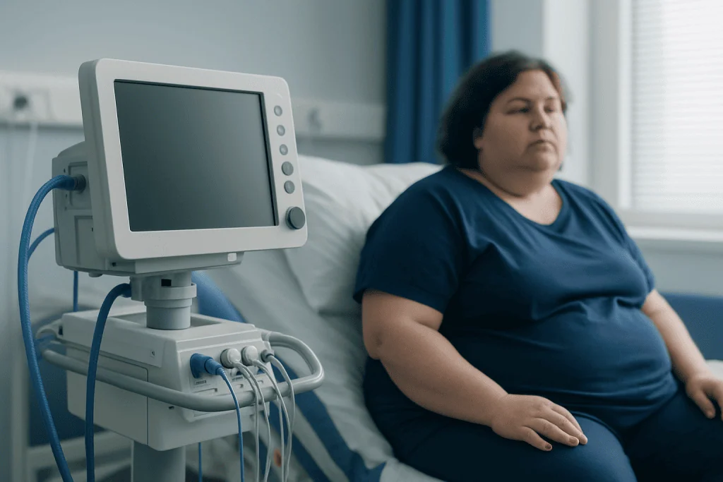 Woman in hospital bed with medical monitor for Cushing syndrome diagnosis.