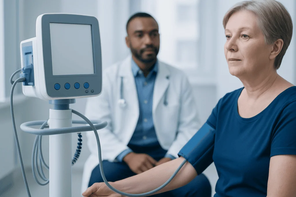 Doctor monitoring patient's blood pressure with medical equipment in hospital.