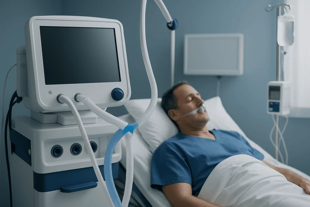 Patient on ventilator in hospital ICU with medical equipment.