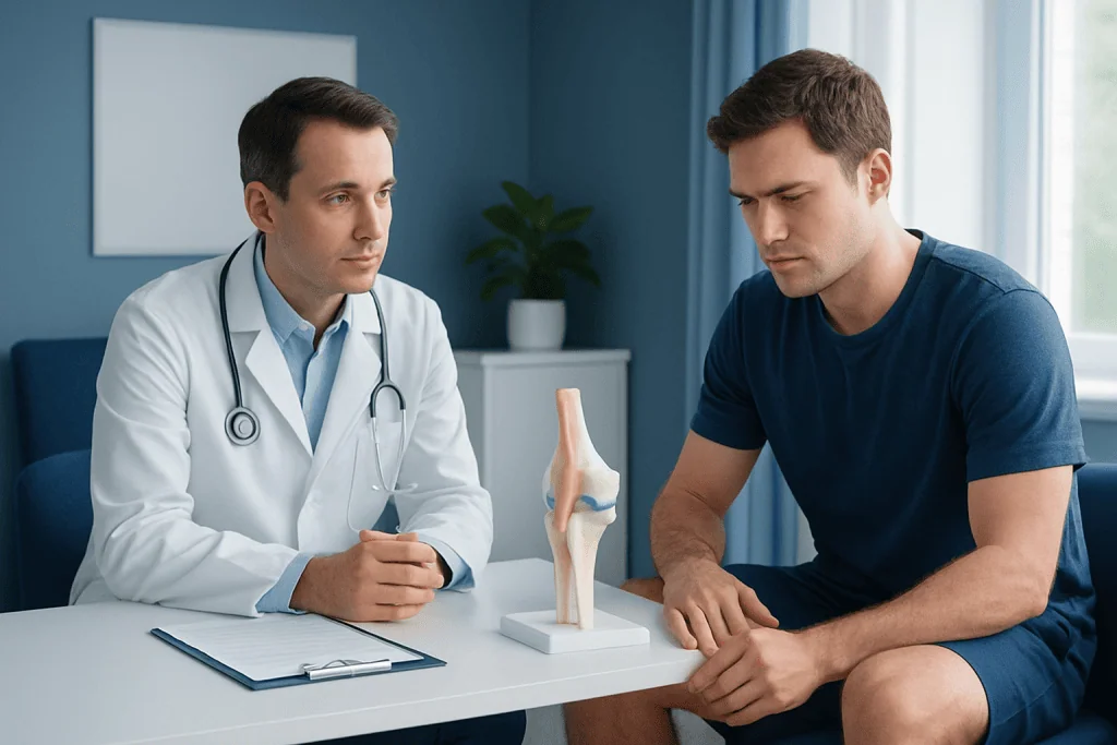 Orthopedic consultation for ACL injury with doctor and patient discussing knee model.