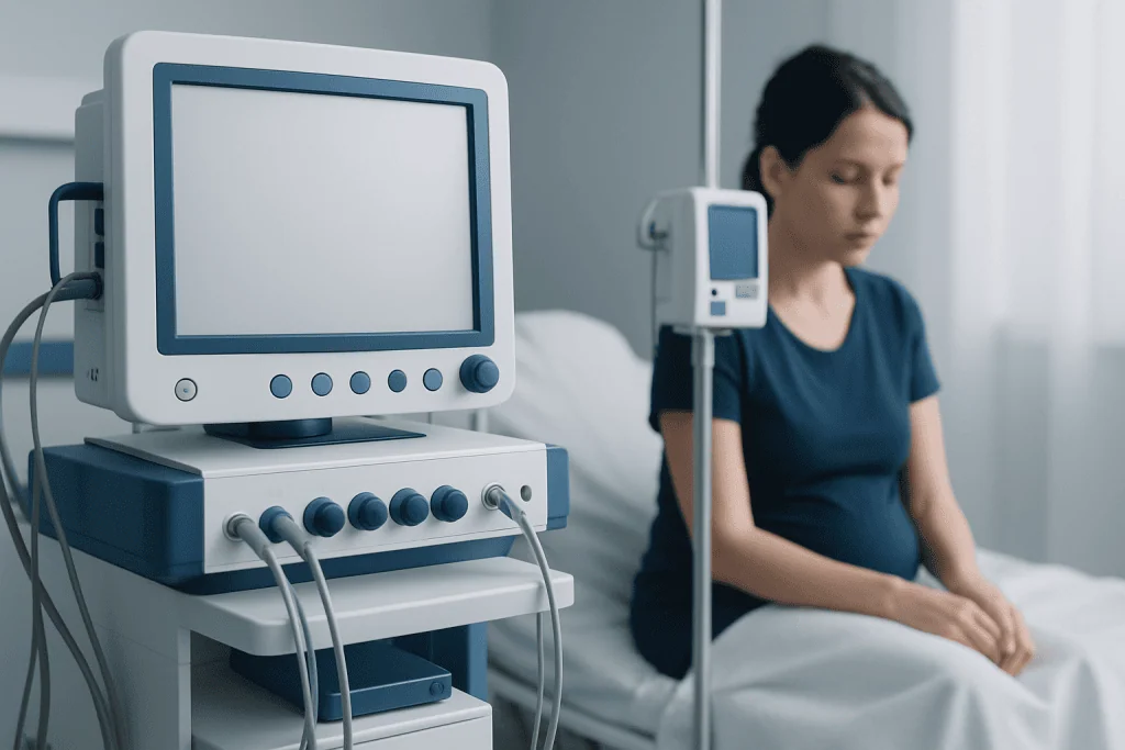 Woman in hospital room with medical monitoring equipment and IV drip.