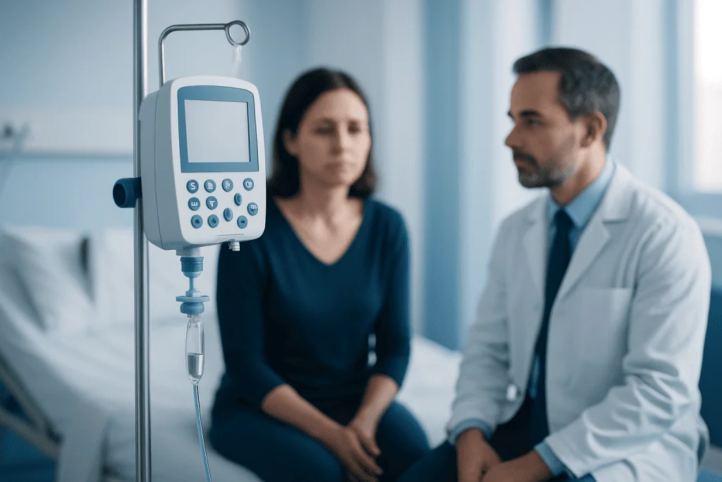 Doctor consulting a patient in a hospital room with medical equipment nearby.