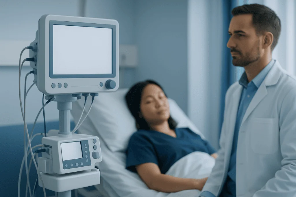 Medical professional monitoring patient in hospital room at Acibadem Hospitals Group.