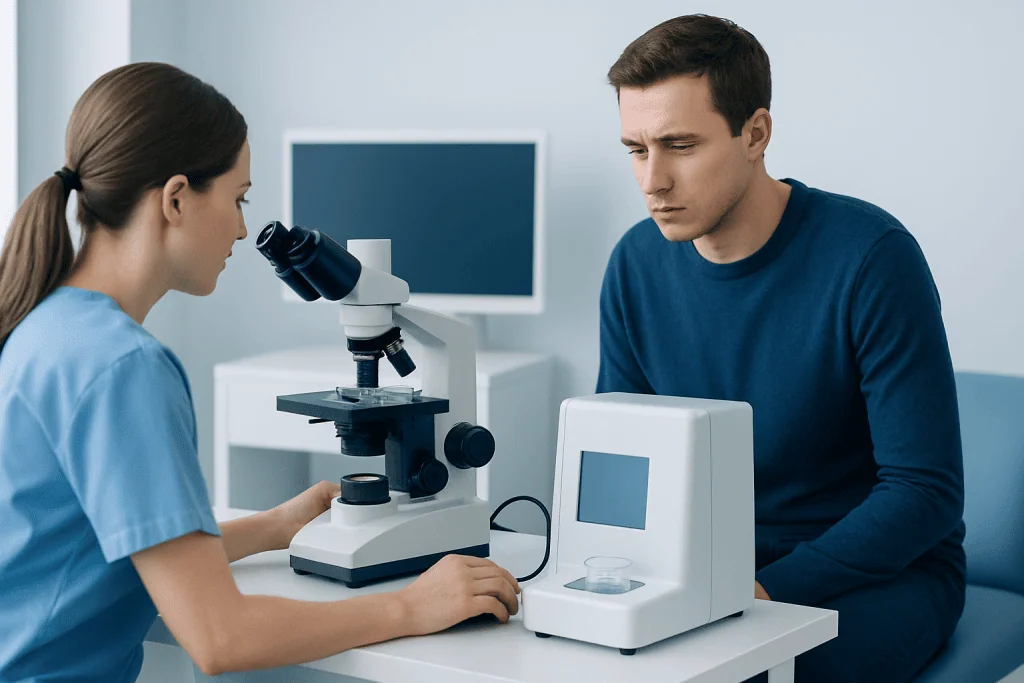 Male patient undergoing fertility test at Acibadem Hospital with a medical professional.