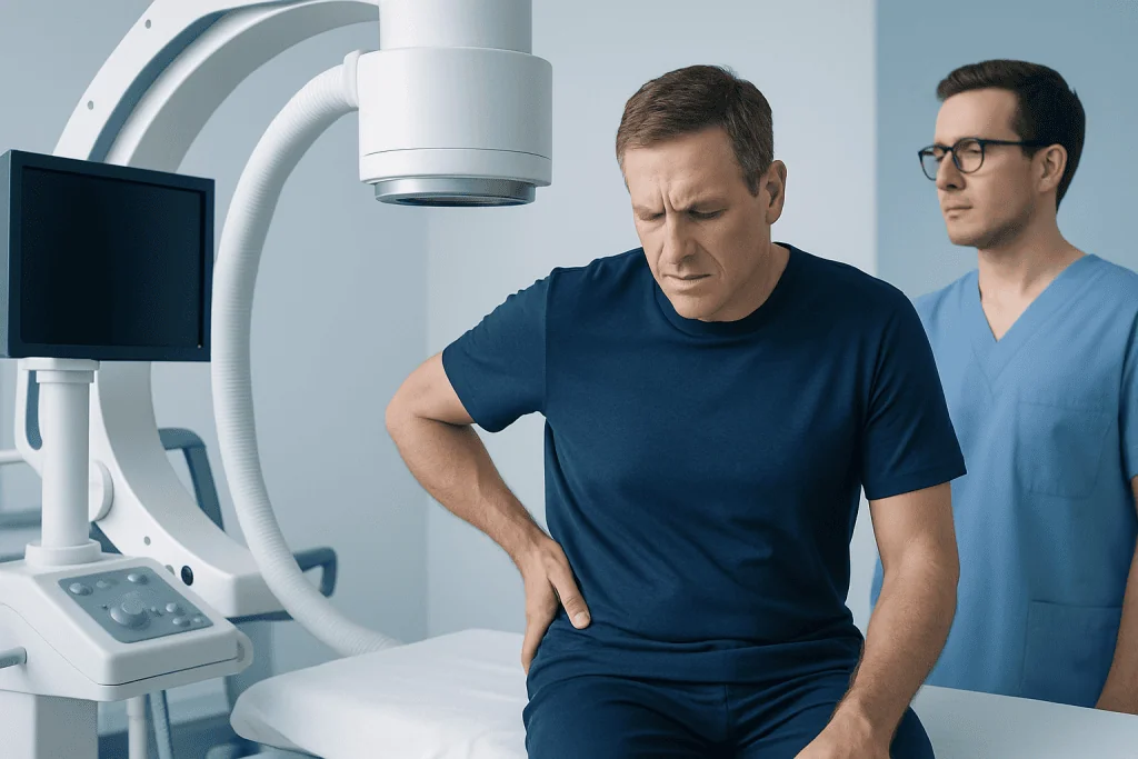 Man experiencing kidney pain during medical examination at hospital.