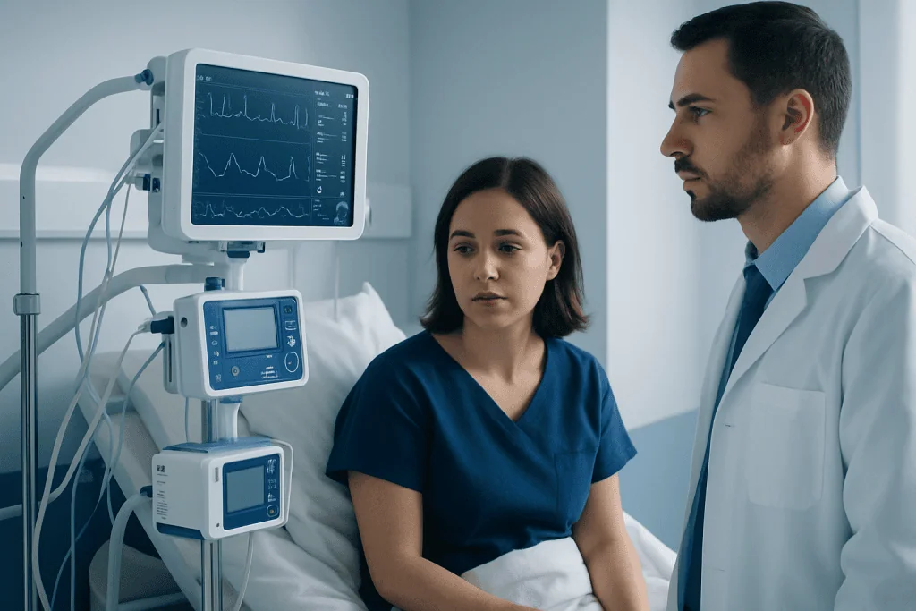 Doctor and patient in hospital room with medical monitors.