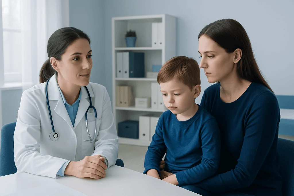 Doctor consulting with mother and child in a medical office.
