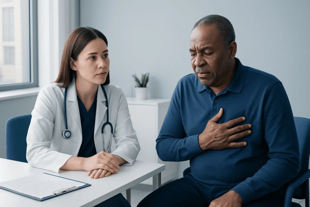 Doctor consulting with a patient experiencing chest pain in a medical office.