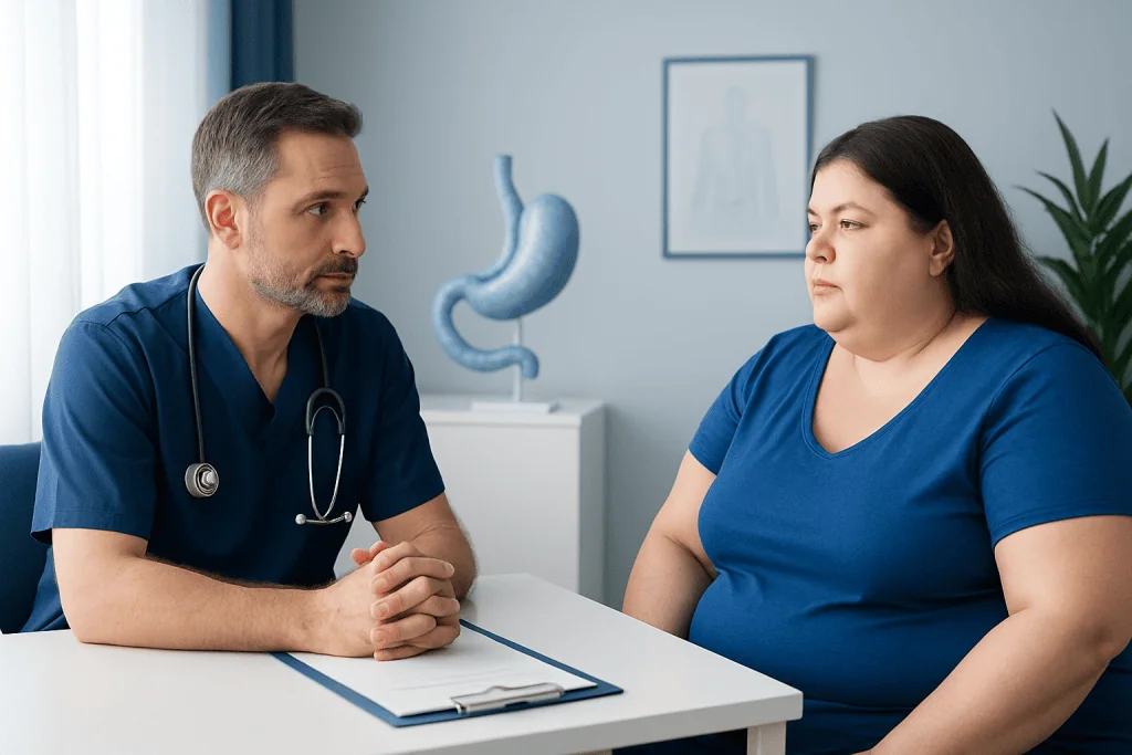Doctor consulting with a patient about gastric sleeve surgery revision.