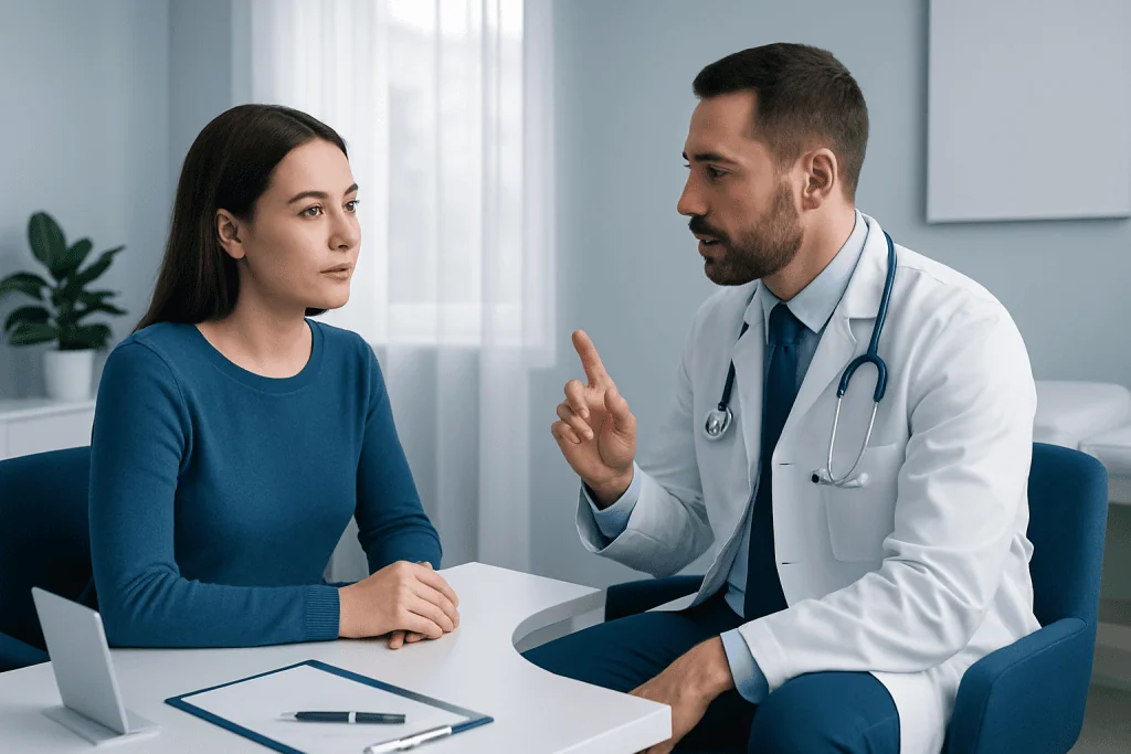 Doctor consulting with a female patient in a modern clinic setting.