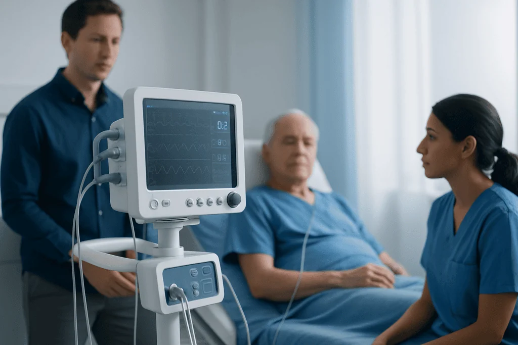 Hospital staff monitor a patient with medical equipment in a clinical setting.