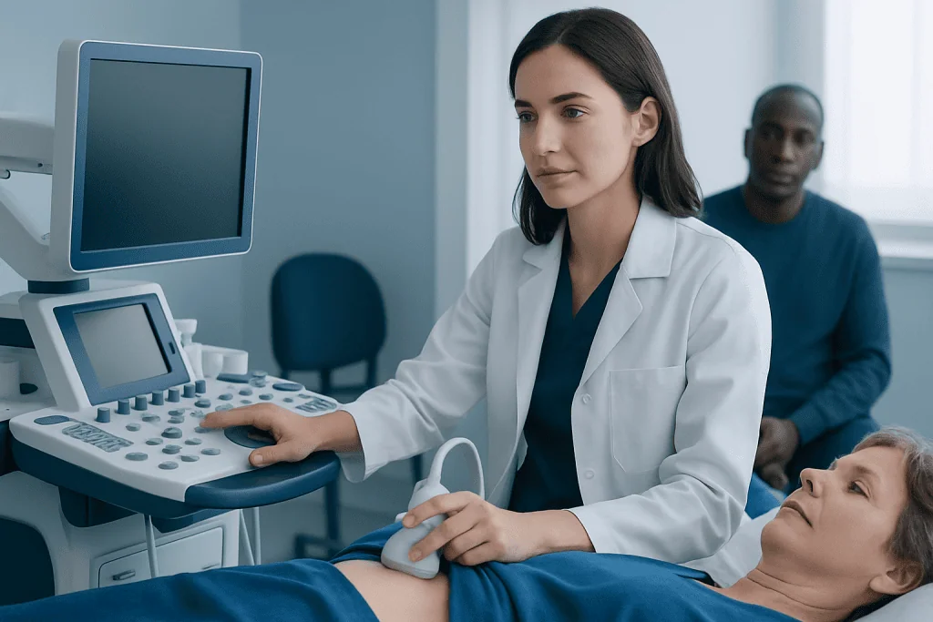 Medical professional performs ultrasound scan on patient in hospital setting.