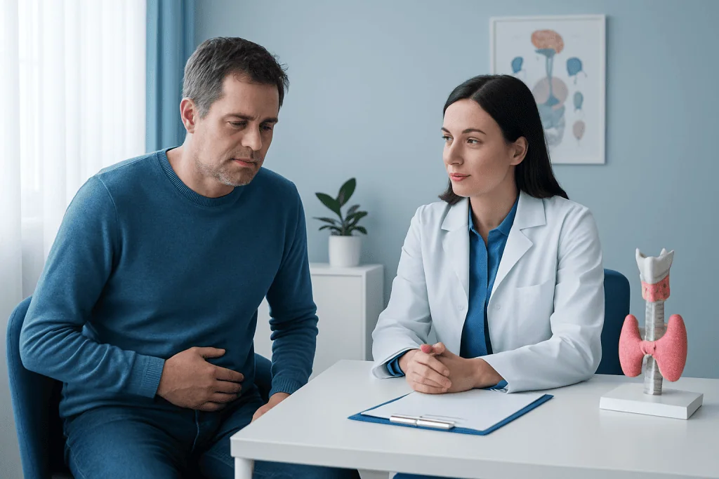Doctor consulting with male patient in a medical office setting.