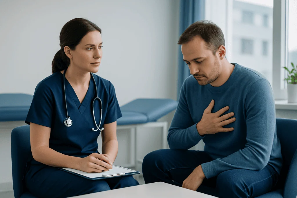Doctor consulting a patient with chest discomfort in a medical office.
