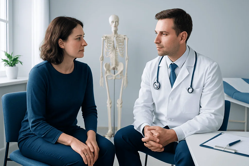 Orthopedic consultation with doctor and patient in clinic setting.