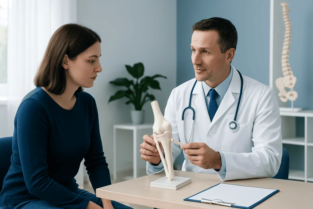 Orthopedic surgeon explaining knee anatomy to a patient in a clinic.