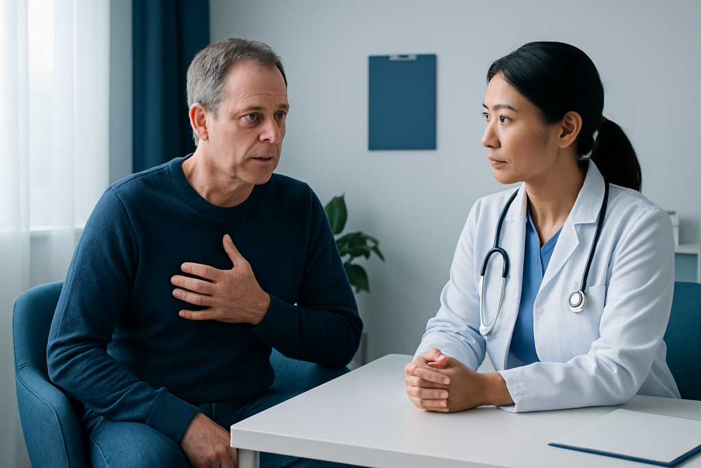 Patient consulting with a doctor about heart health in a hospital setting.