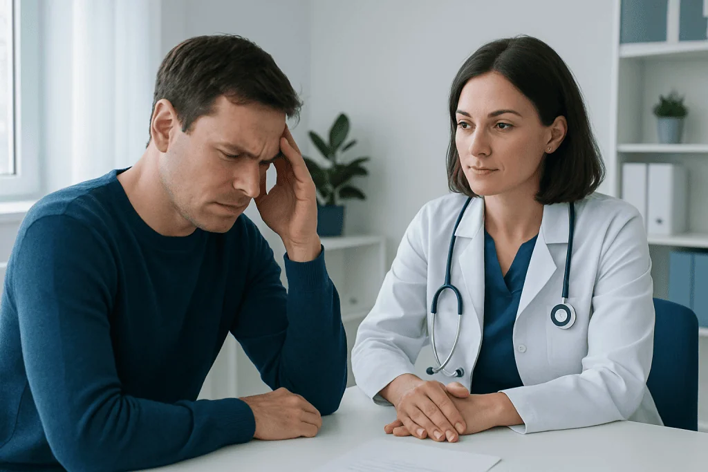 Doctor consulting with patient about seizure symptoms in clinic setting.