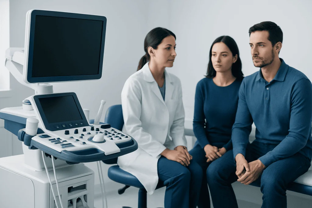 Fertility consultation with a doctor and couple in a medical clinic.