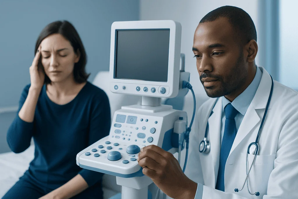 Doctor performing an ultrasound exam on a patient with headache symptoms.