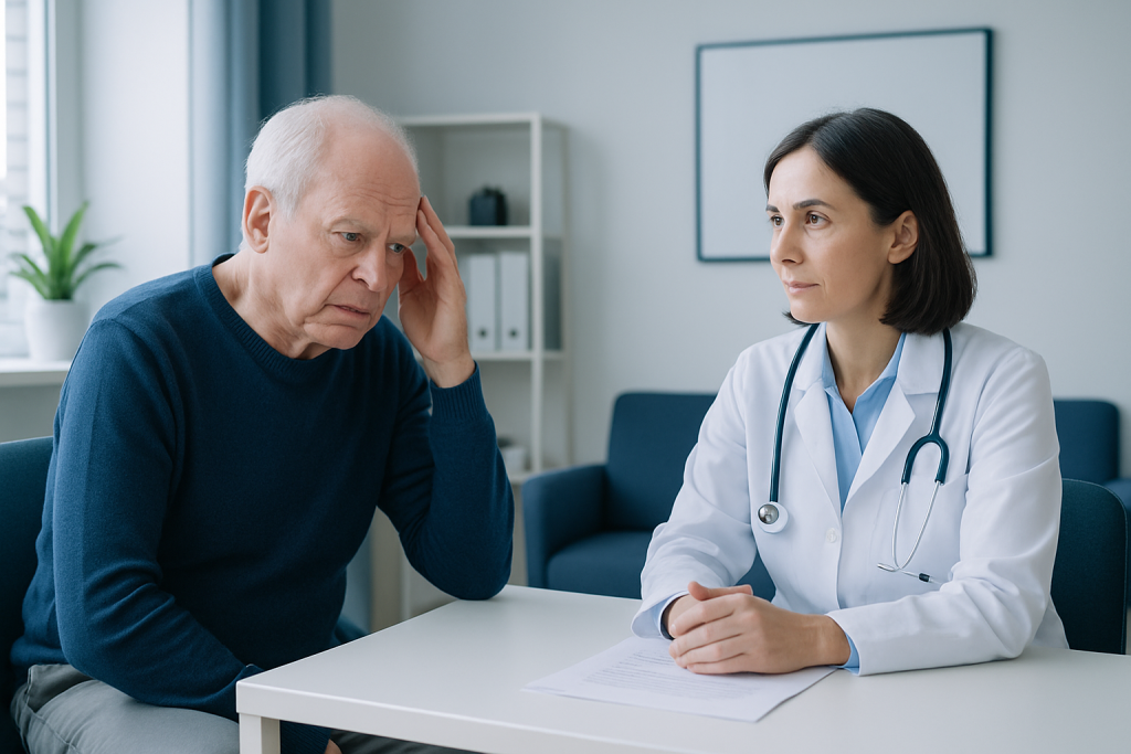 Doctor consulting with elderly patient about memory issues in a clinic setting.