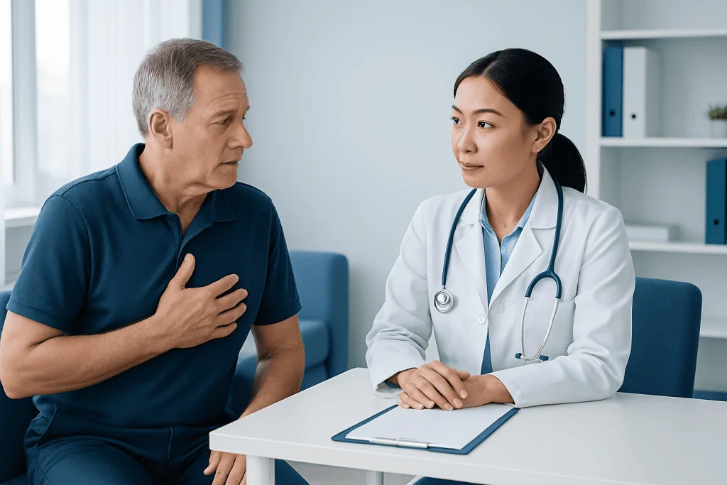 Doctor consulting with an older male patient in a medical office.