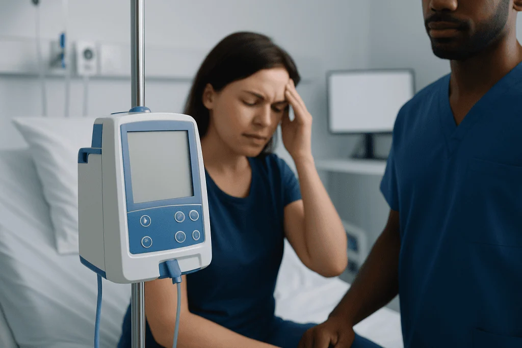 Patient experiencing headache in hospital room with medical monitor nearby.