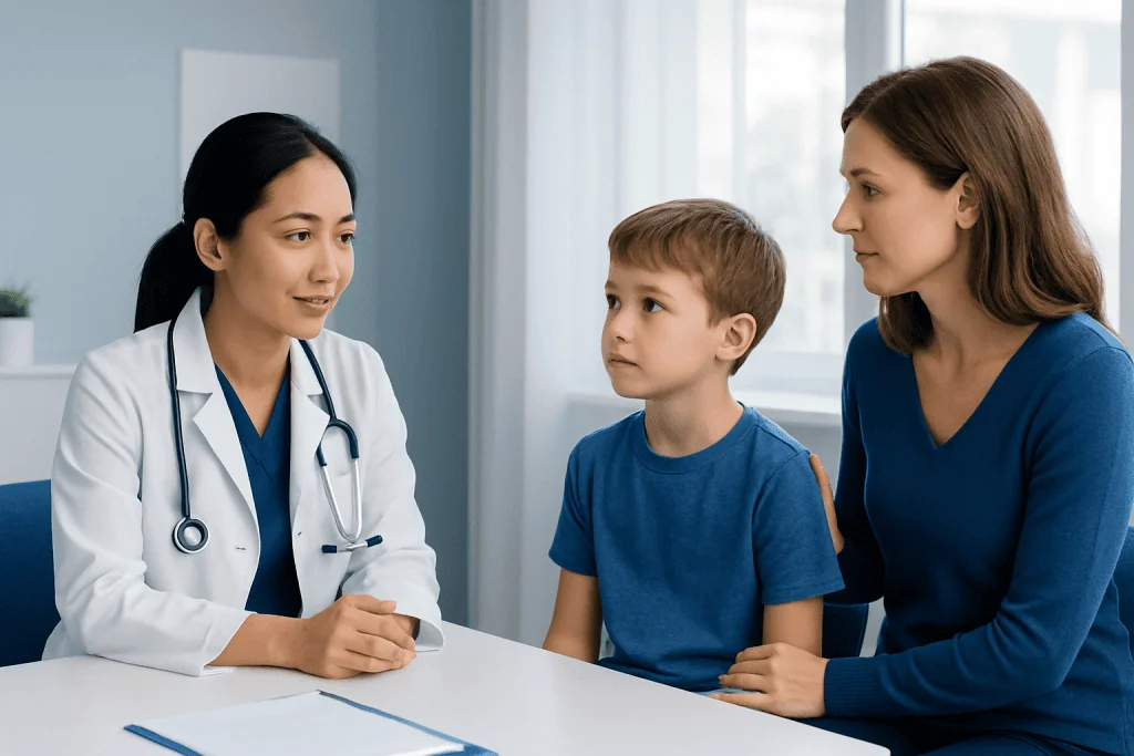 Doctor consulting with a young boy and his mother in a medical office.