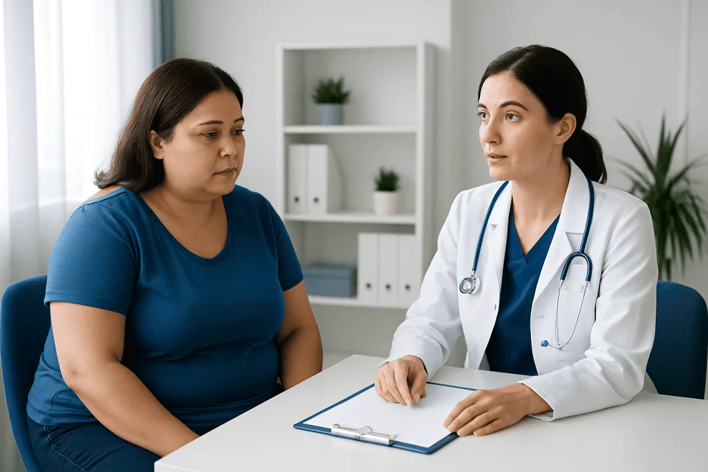 Doctor consulting with a patient about weight loss surgery options at Acibadem Hospitals.