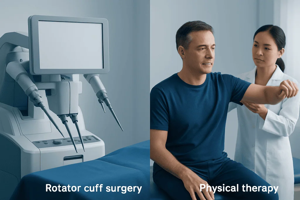 Doctor explaining shoulder treatment options to patient in clinic.