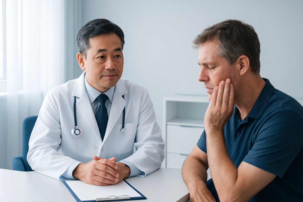Doctor consulting with a patient about sleep apnea and snoring solutions.