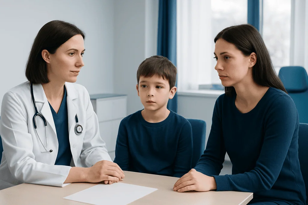Doctor consulting with a young boy and his mother in a hospital setting.
